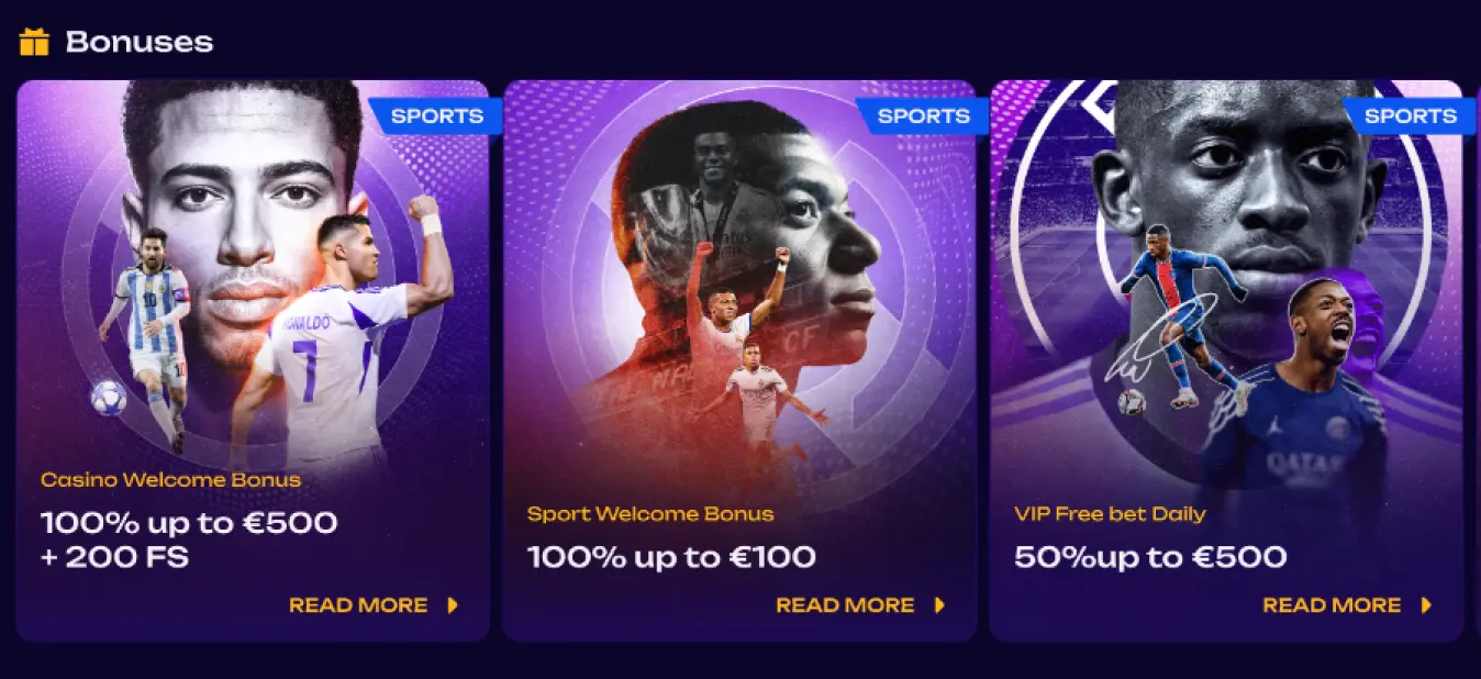 Ενότητα «Bonuses» με τρεις κάρτες SPORT σε μωβ φόντο: Casino Welcome Bonus 100% έως €500 + 200 FS, Sport Welcome Bonus 100% έως €100 και VIP Free Bet Daily 50% έως €500, όλες με κουμπί Read More